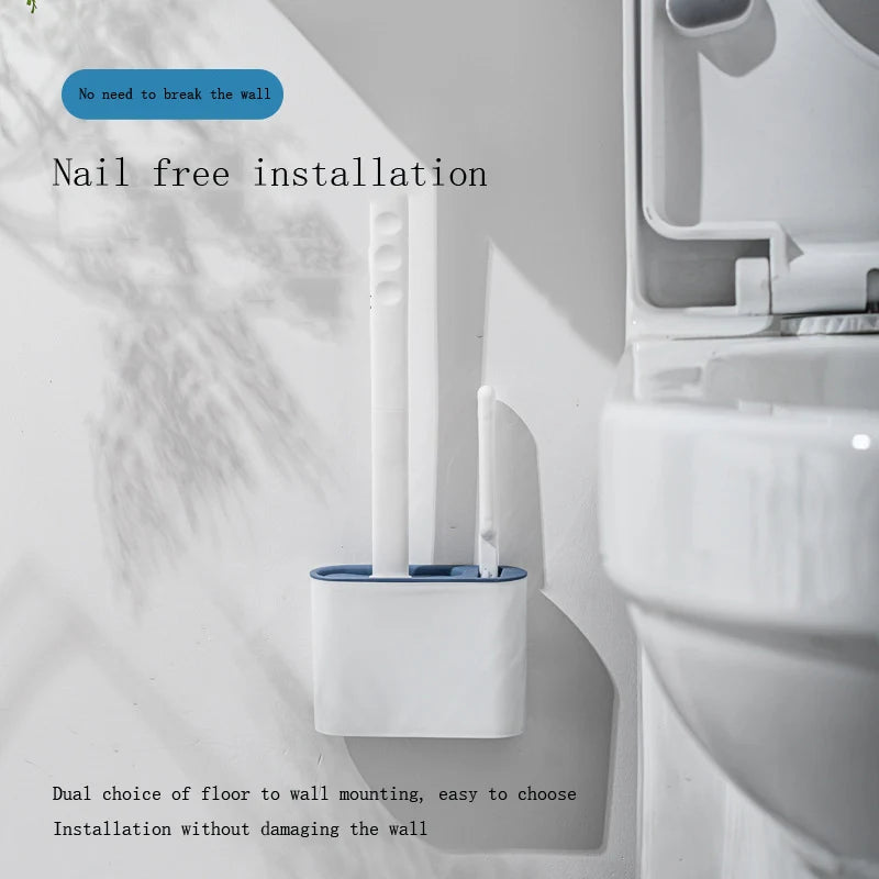 Wall-Mounted Toilet Brush Holder with Long Handle, Waterproof Silicone, Quick-Drying Soft Bristles - Bathroom Accessory