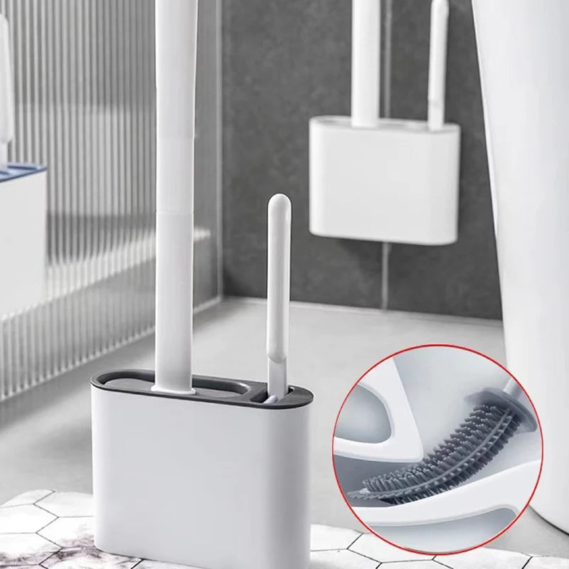 Wall-Mounted Toilet Brush Holder with Long Handle, Waterproof Silicone, Quick-Drying Soft Bristles - Bathroom Accessory