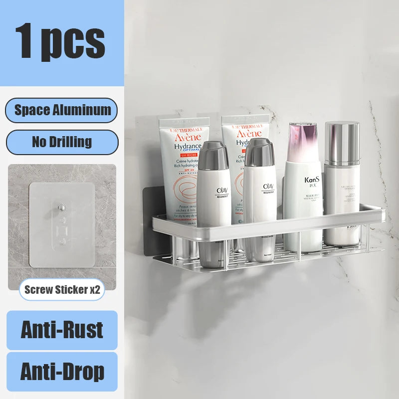 Aluminum Alloy Bathroom Shelf Organizer for Makeup and Shampoo - No Drill Wall-Mounted Storage Solution