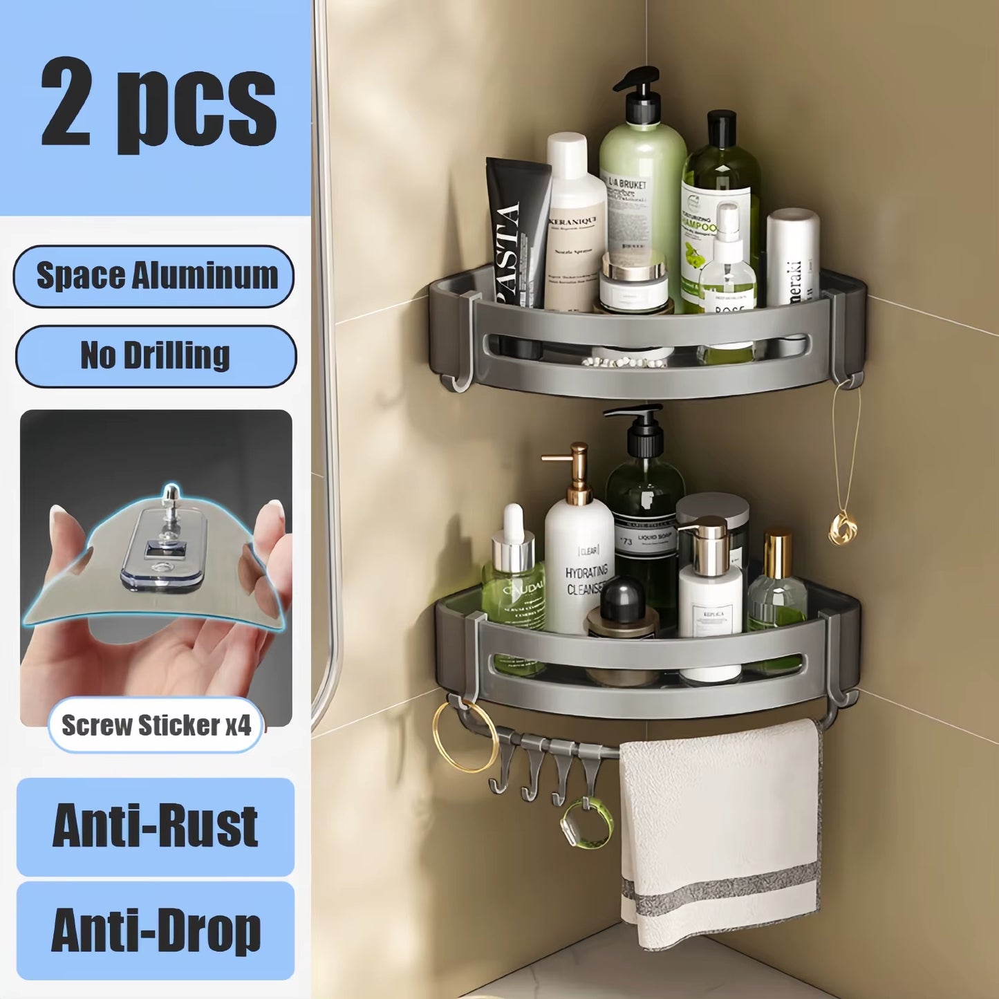 Aluminum Alloy Bathroom Shelf Organizer for Makeup and Shampoo - No Drill Wall-Mounted Storage Solution