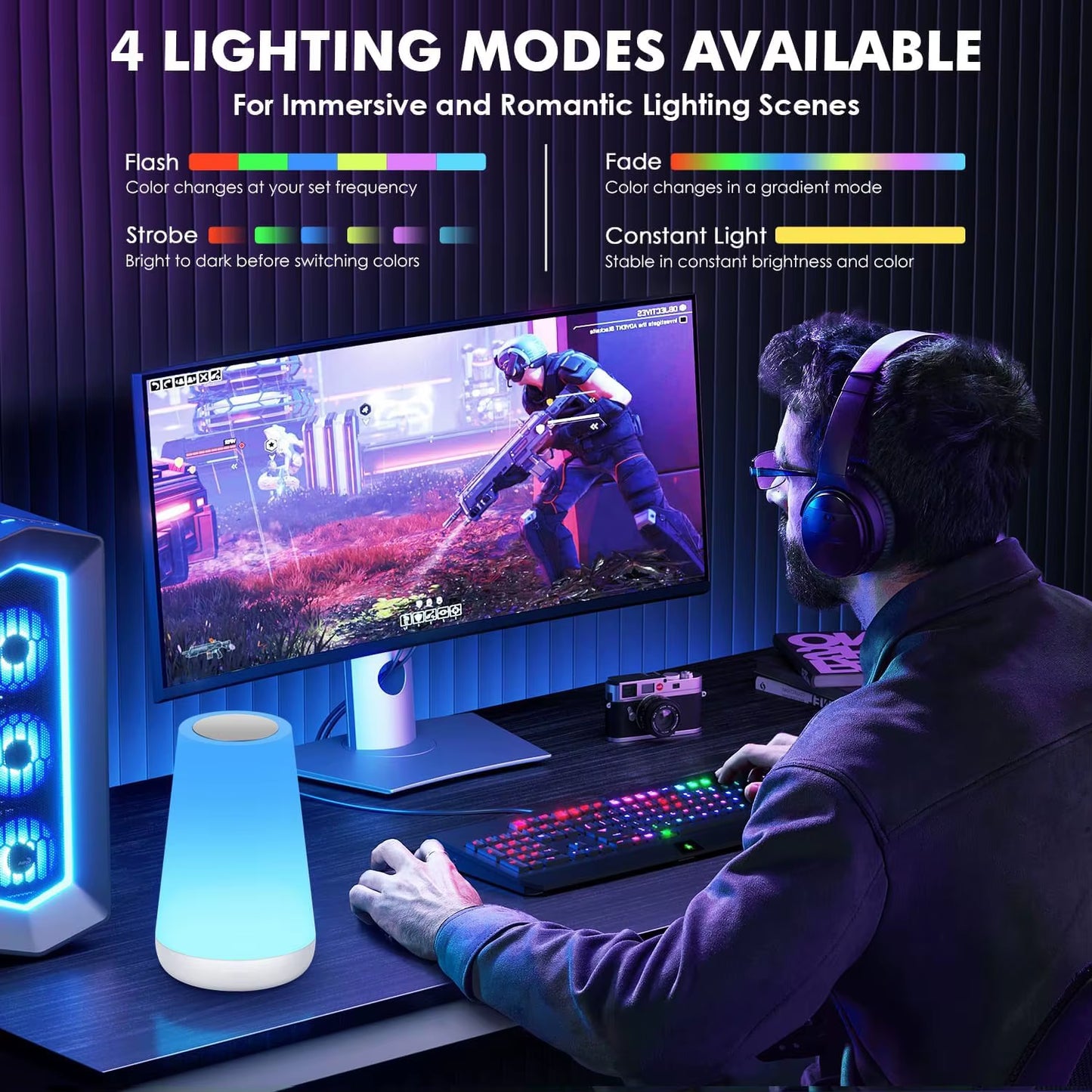 LED RGB Night Light with Remote Control - 13 Color Changing, Touch Sensitivity, USB Rechargeable, Dimmable Portable Table and Bedside Lamp