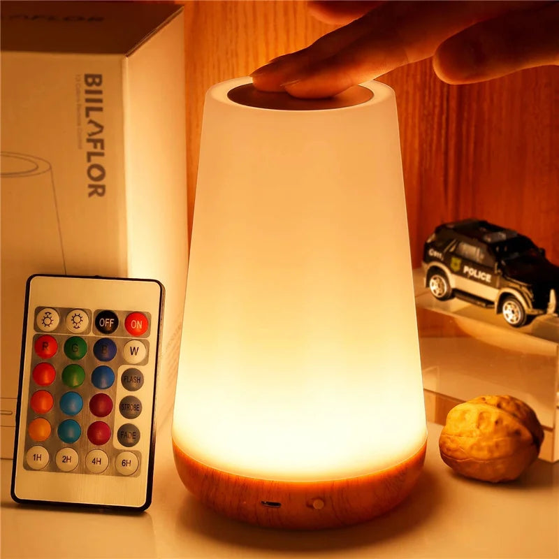 LED RGB Night Light with Remote Control - 13 Color Changing, Touch Sensitivity, USB Rechargeable, Dimmable Portable Table and Bedside Lamp