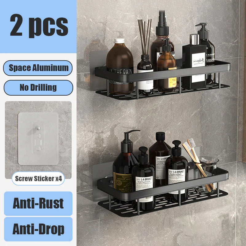 Aluminum Alloy Bathroom Shelf Organizer for Makeup and Shampoo - No Drill Wall-Mounted Storage Solution