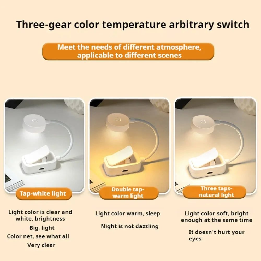Adjustable Mini LED Reading Lamp with Eye Protection - 3 Modes Clip-On Light for Study and Travel