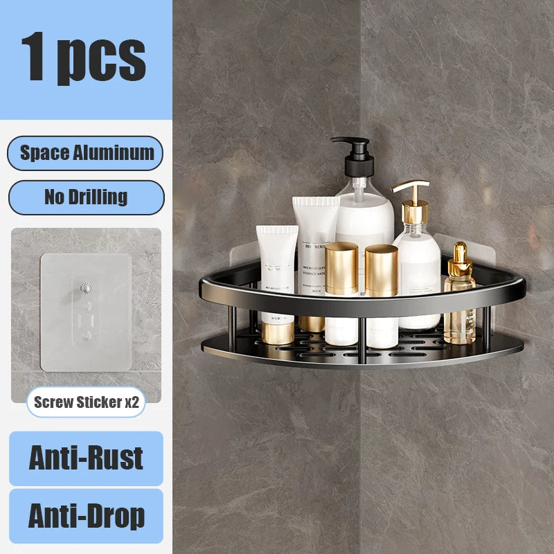 Aluminum Alloy Bathroom Shelf Organizer for Makeup and Shampoo - No Drill Wall-Mounted Storage Solution