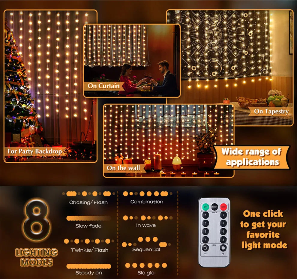 LED Fairy String Curtain Lights with Remote Control - 8 Modes USB Festoon Lighting for Christmas Home Decor and New Year Celebrations