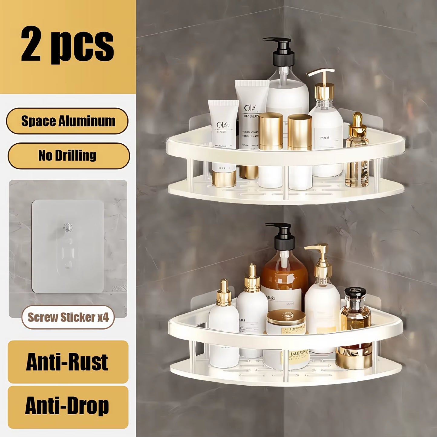 Aluminum Alloy Bathroom Shelf Organizer for Makeup and Shampoo - No Drill Wall-Mounted Storage Solution
