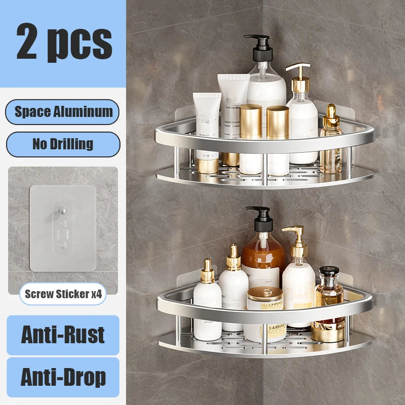 Aluminum Alloy Bathroom Shelf Organizer for Makeup and Shampoo - No Drill Wall-Mounted Storage Solution