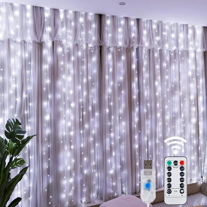 LED Fairy String Curtain Lights with Remote Control - 8 Modes USB Festoon Lighting for Christmas Home Decor and New Year Celebrations