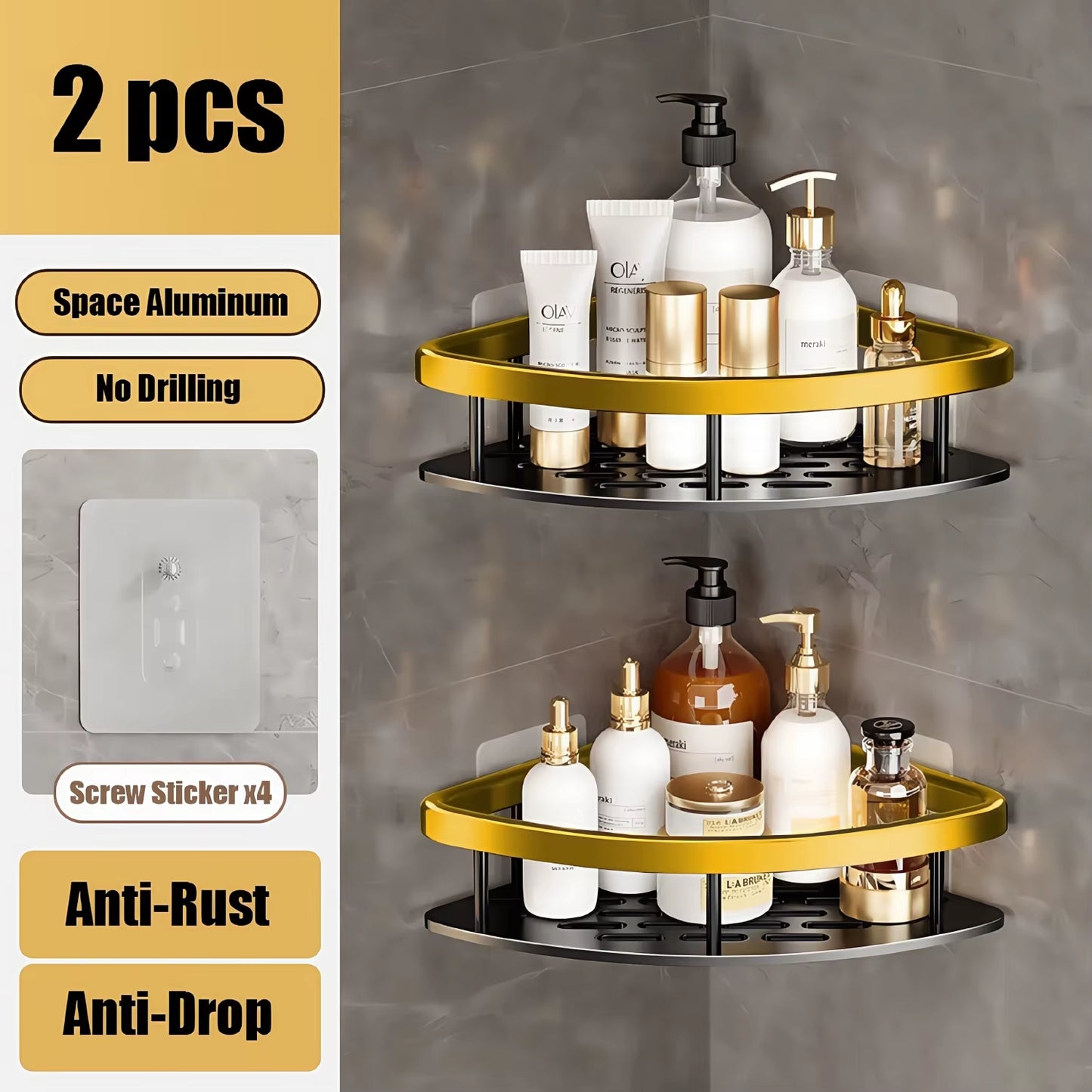 Aluminum Alloy Bathroom Shelf Organizer for Makeup and Shampoo - No Drill Wall-Mounted Storage Solution