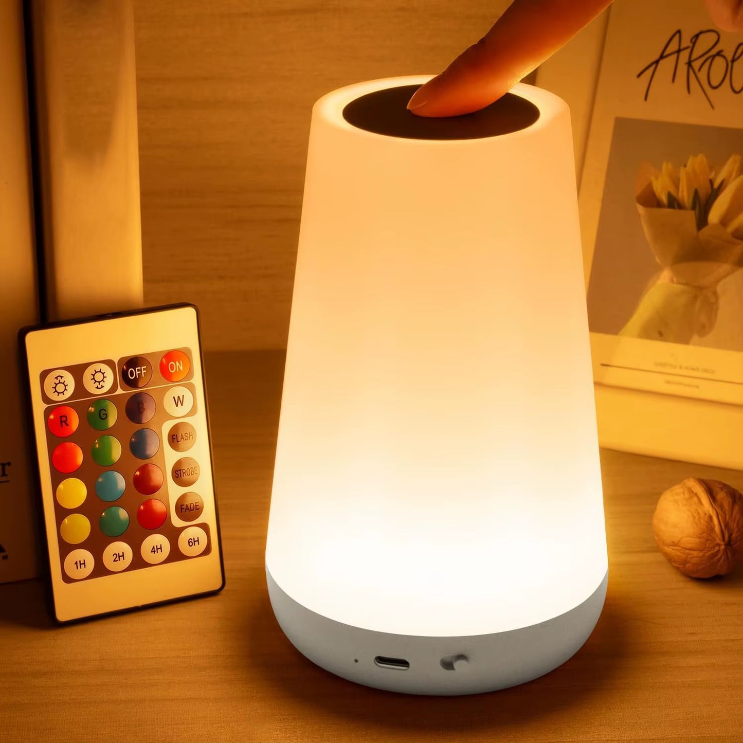 LED RGB Night Light with Remote Control - 13 Color Changing, Touch Sensitivity, USB Rechargeable, Dimmable Portable Table and Bedside Lamp