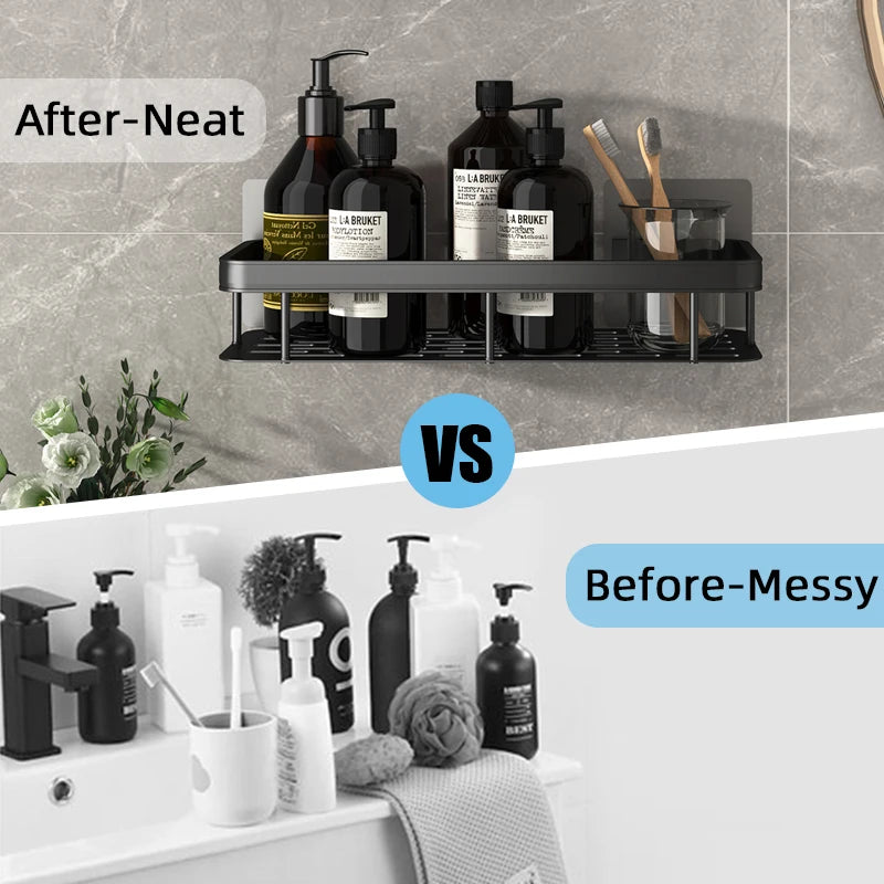 Aluminum Alloy Bathroom Shelf Organizer for Makeup and Shampoo - No Drill Wall-Mounted Storage Solution