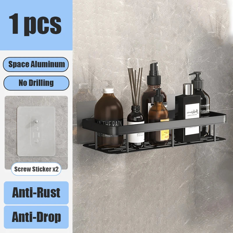 Aluminum Alloy Bathroom Shelf Organizer for Makeup and Shampoo - No Drill Wall-Mounted Storage Solution