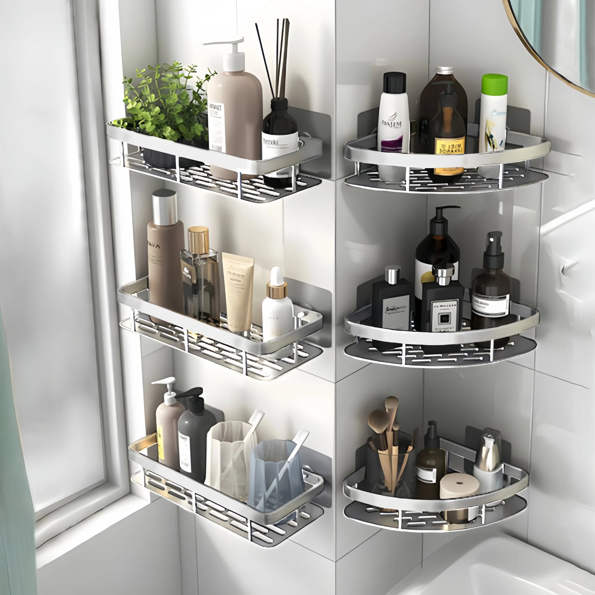 Aluminum Alloy Bathroom Shelf Organizer for Makeup and Shampoo - No Drill Wall-Mounted Storage Solution