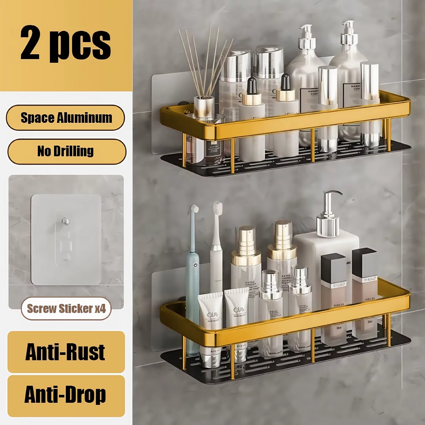 Aluminum Alloy Bathroom Shelf Organizer for Makeup and Shampoo - No Drill Wall-Mounted Storage Solution