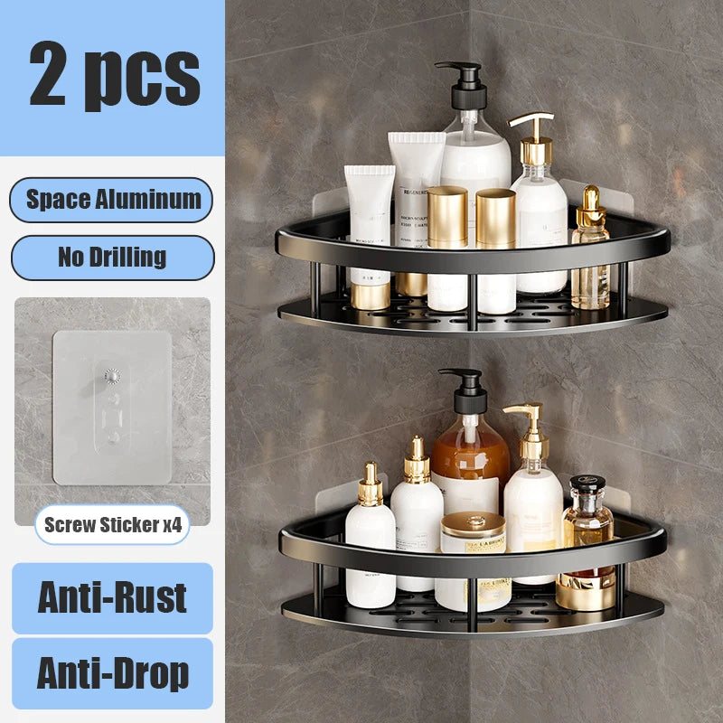 Aluminum Alloy Bathroom Shelf Organizer for Makeup and Shampoo - No Drill Wall-Mounted Storage Solution