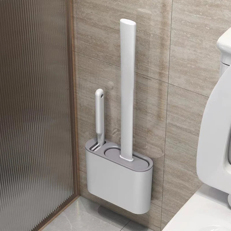 Wall-Mounted Toilet Brush Holder with Long Handle, Waterproof Silicone, Quick-Drying Soft Bristles - Bathroom Accessory