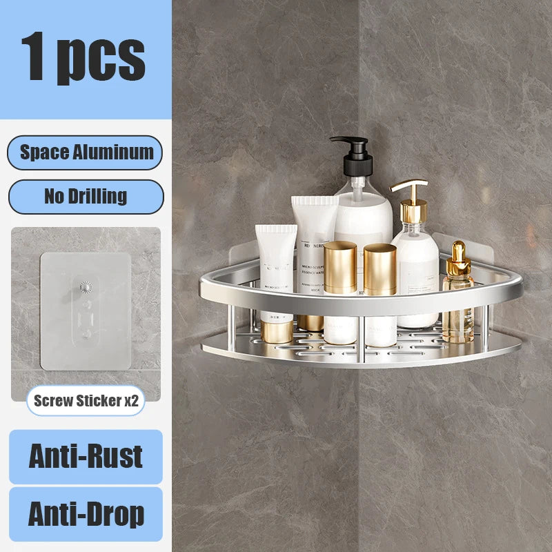 Aluminum Alloy Bathroom Shelf Organizer for Makeup and Shampoo - No Drill Wall-Mounted Storage Solution