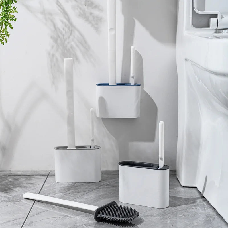 Wall-Mounted Toilet Brush Holder with Long Handle, Waterproof Silicone, Quick-Drying Soft Bristles - Bathroom Accessory