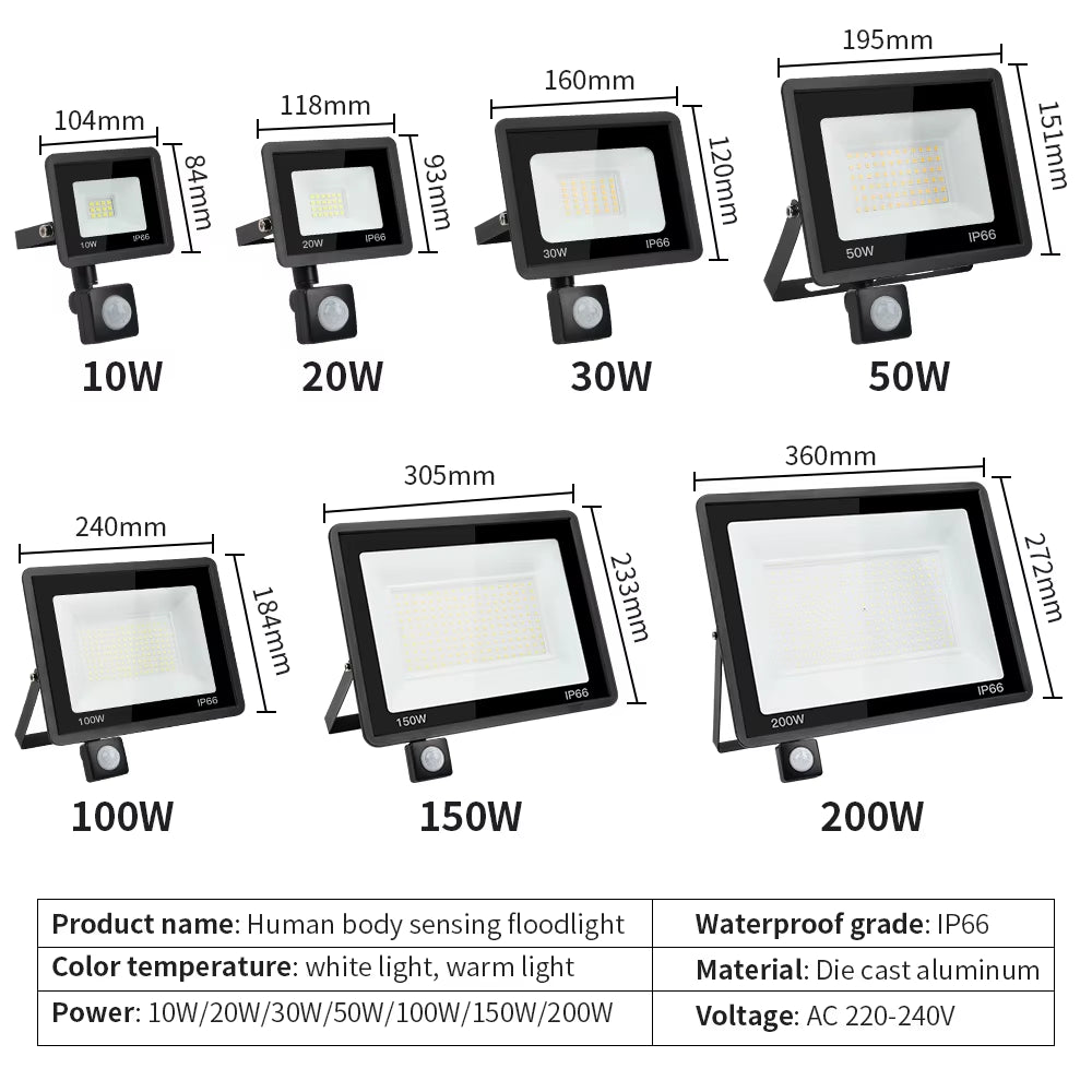 LE PIR Motion Sensor Outdoor Wall Light - White LED Spotlight, IP66 Waterproof, Available in 10W, 20W, 30W, 50W, and 100W for Garden Use