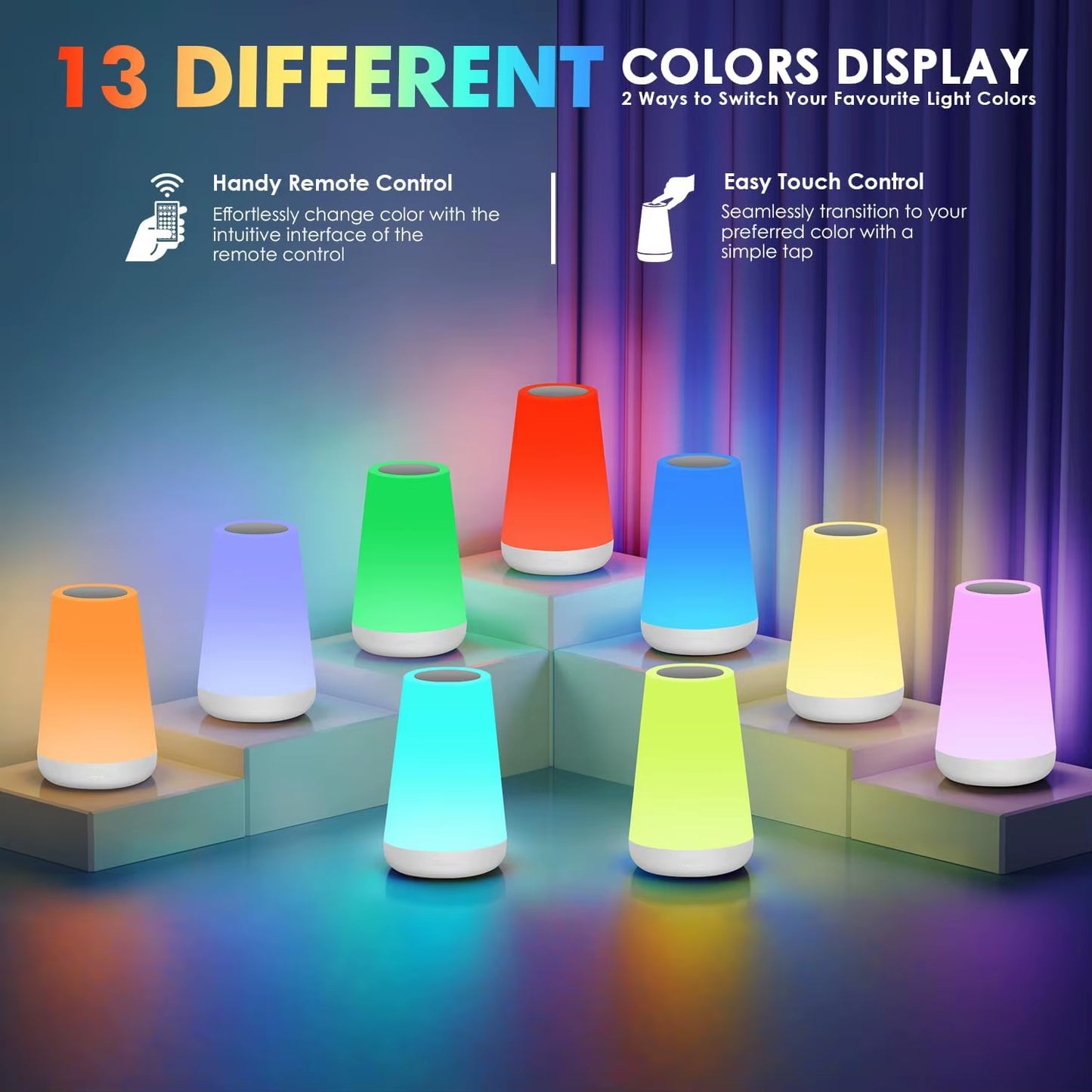 LED RGB Night Light with Remote Control - 13 Color Changing, Touch Sensitivity, USB Rechargeable, Dimmable Portable Table and Bedside Lamp