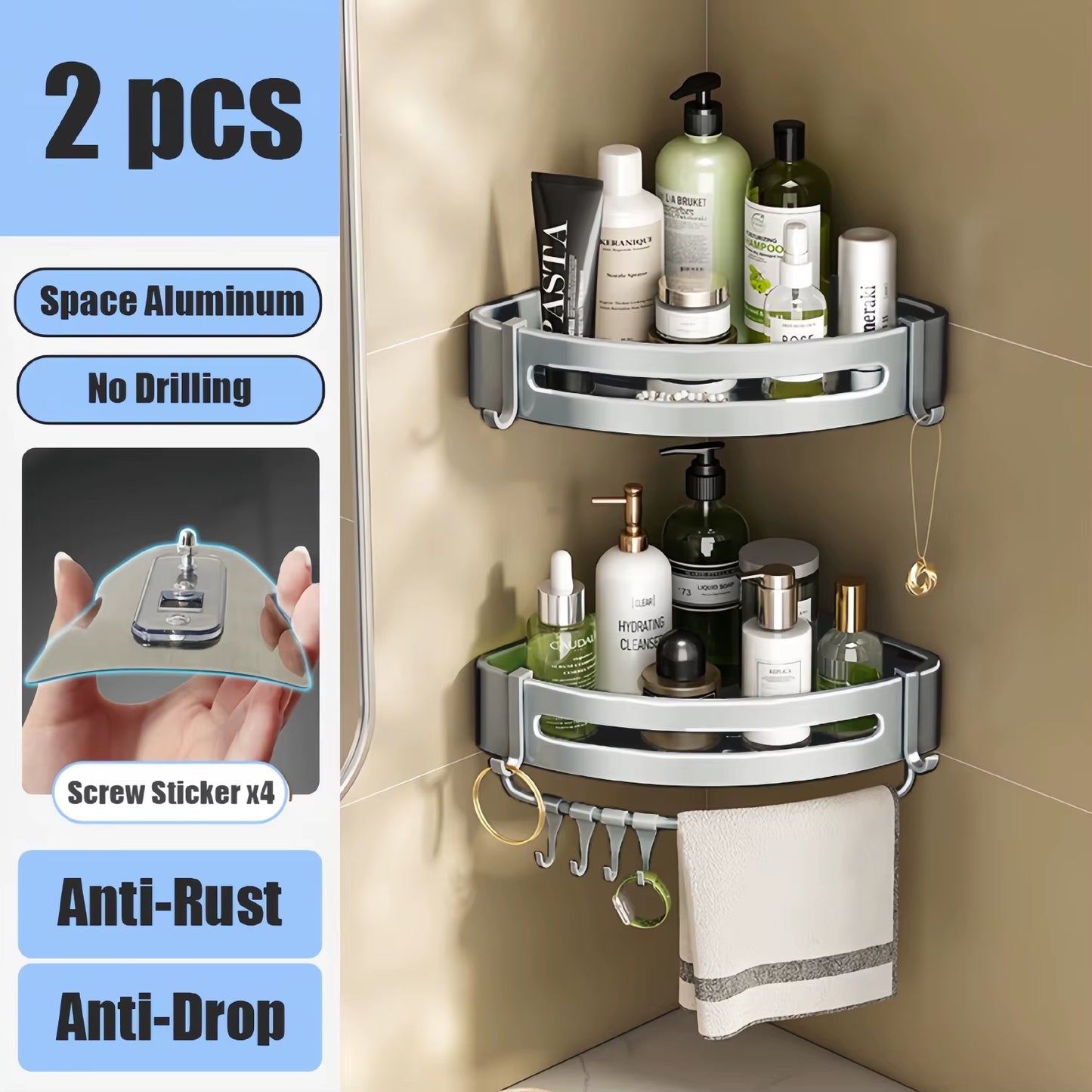 Aluminum Alloy Bathroom Shelf Organizer for Makeup and Shampoo - No Drill Wall-Mounted Storage Solution
