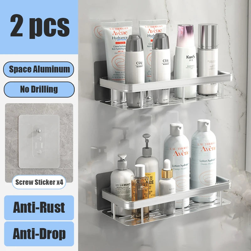 Aluminum Alloy Bathroom Shelf Organizer for Makeup and Shampoo - No Drill Wall-Mounted Storage Solution
