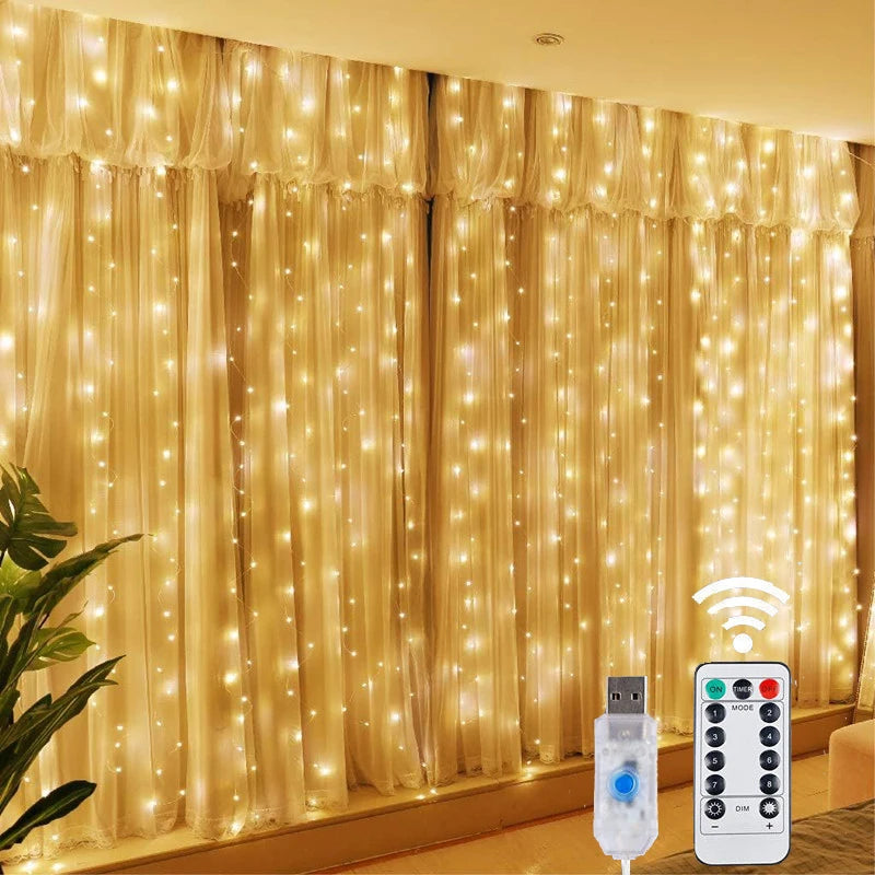 LED Fairy String Curtain Lights with Remote Control - 8 Modes USB Festoon Lighting for Christmas Home Decor and New Year Celebrations