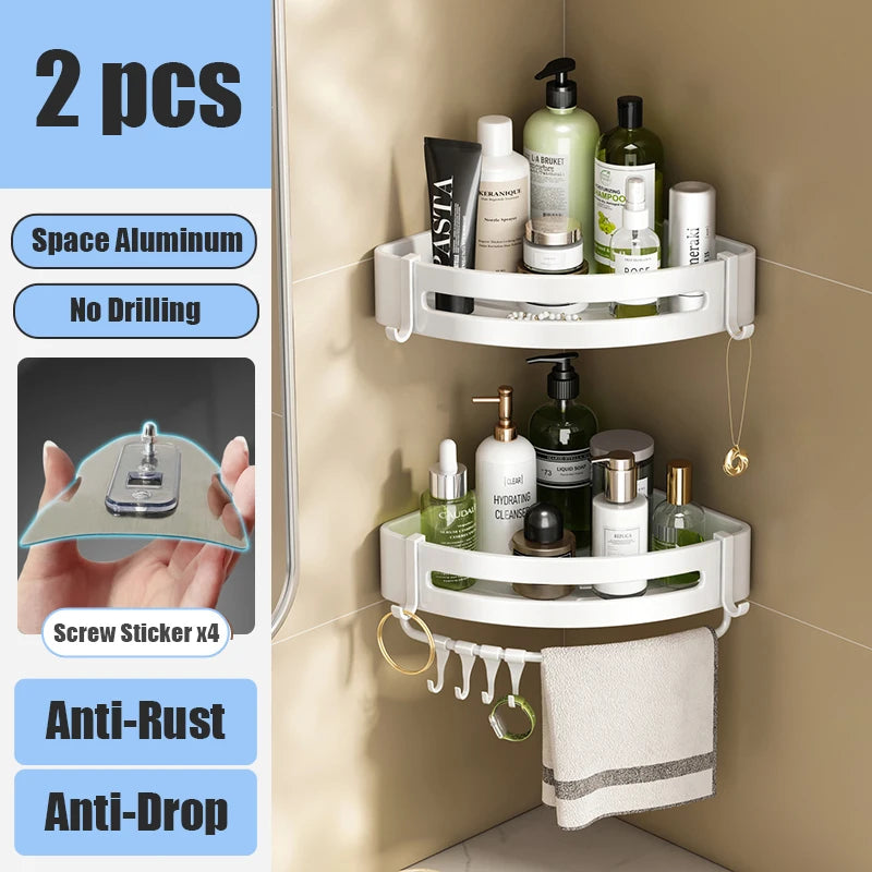 Aluminum Alloy Bathroom Shelf Organizer for Makeup and Shampoo - No Drill Wall-Mounted Storage Solution
