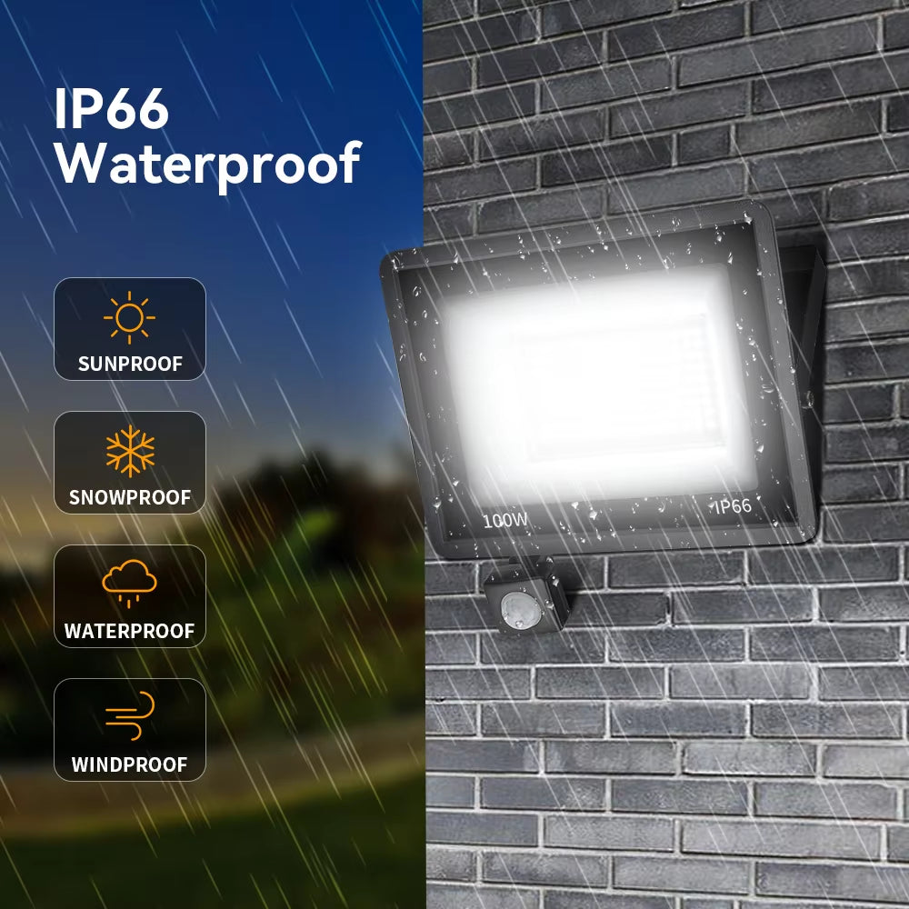 LE PIR Motion Sensor Outdoor Wall Light - White LED Spotlight, IP66 Waterproof, Available in 10W, 20W, 30W, 50W, and 100W for Garden Use