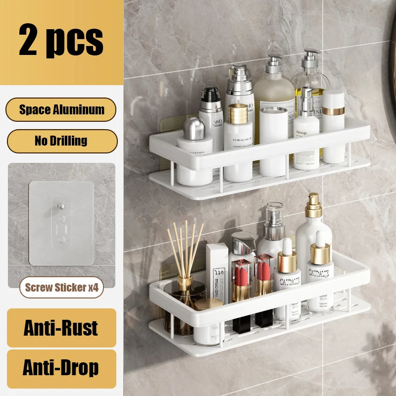 Aluminum Alloy Bathroom Shelf Organizer for Makeup and Shampoo - No Drill Wall-Mounted Storage Solution